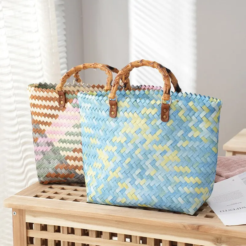 Basket Bag Wicker - Vintage Bambu Saplı Rattan Kadın Çanta