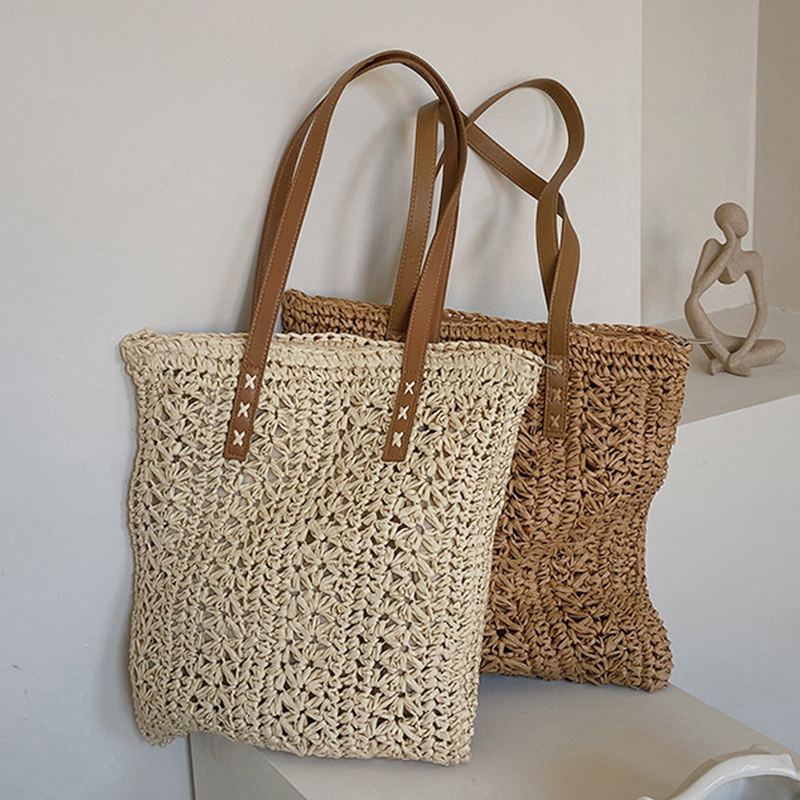 Women'S Raffia Bags - Kare Içi Boş Hasır Plaj Çantası