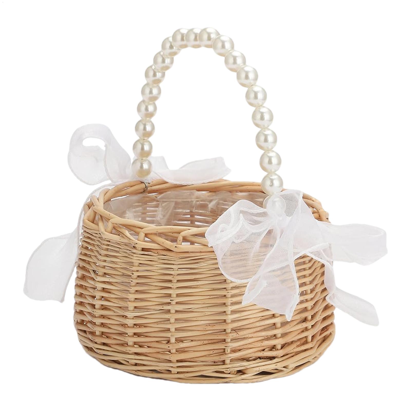 Basket Bag Wicker - İnci saplı ve fiyonklu, hasır rattan
