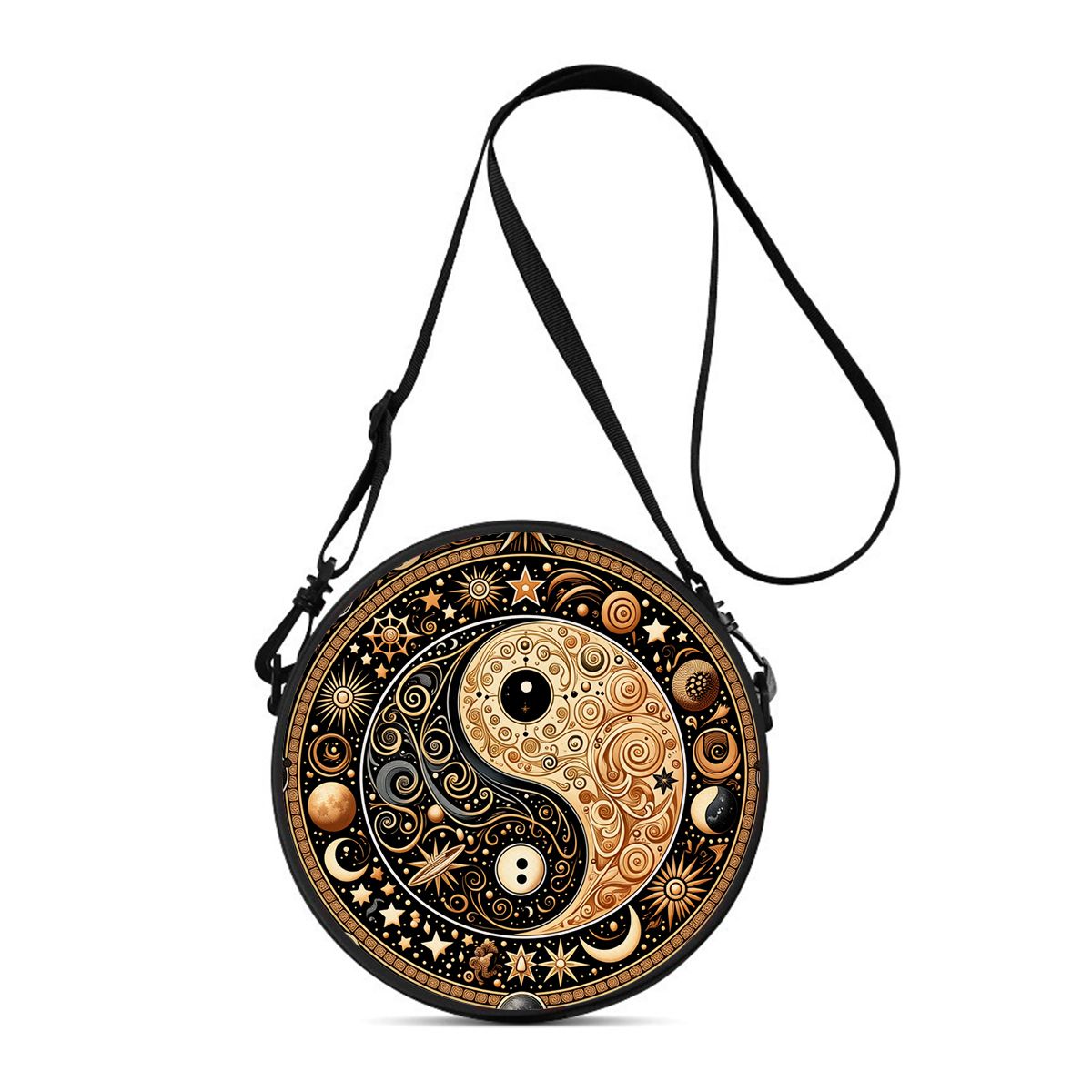 Circle Round Bag - Sekiz Trigram Baskılı Kadın Yuvarlak Çapraz